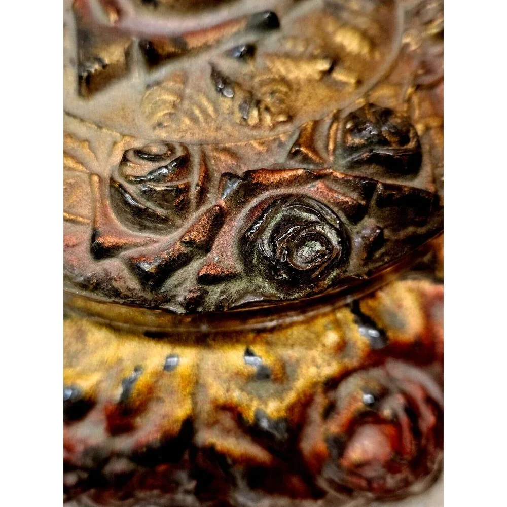 Antique Goofus Glass Victorian Rose Red Gold Vanity Decor Powder Jar Box